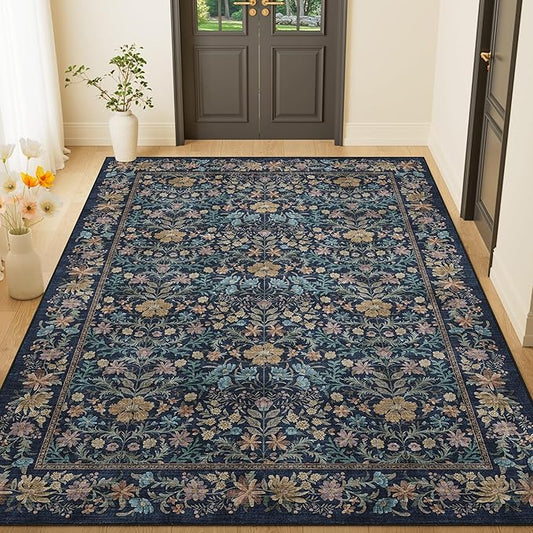 DUKINO 4x6 Rugs for Living Room, Lightweight Non Slip Washable Rug with Low Pile Design, Vintage Floral Non-Shedding Soft Carpet for Living Room, Bedroom, Farmhouse, Office, Bathroom, Dark Blue