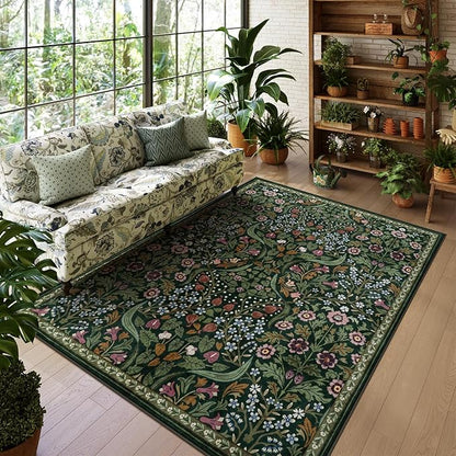 Lahome Floral 5x7 Washable Living Room Rugs, Green Area Rugs for Bedroom Rubber Backed, Botanical Thin Stain-Resistant Carpet for Dining Room, Guestroom, Kids Room, Living Room Decor