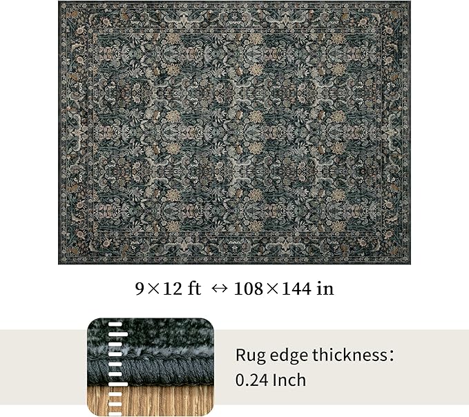 Washable Living Room Rug: 9x12 Boho Floral Soft Area Rug for Bedroom Decor - Vintage Low Pile Thin Carpet for Dining Room Non-Slip - Farmhouse Stain Resistant Rugs - Dark Green