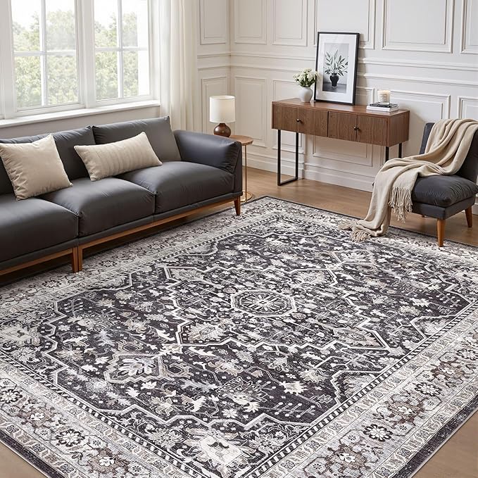 Black Rug Living Room Rugs: 10x12 Washable Boho Large Vintage Moody Soft Distressed Oriental Stain Resistant Non-Slip Indoor Floor Carpet for Bedroom Playroom Office Dining Room Retro Home House