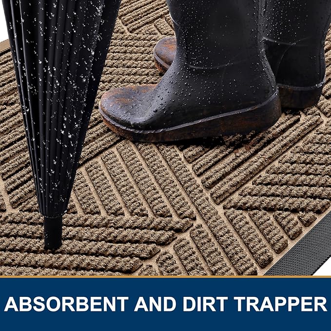 Kitinjoy Front Door Mat Outside Entrance, Sturdy Natural Dirt Trapper, Heavy Duty Rubber Doormat, Low Profile Non-Slip Backing, Easy Clean Floor Mat for Indoor Outdoor Entry, 29.5X17 Inch, Coffee