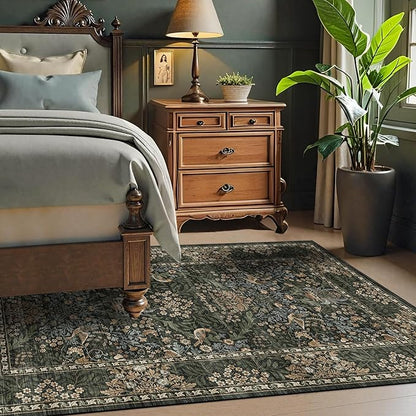 3x5 Floral Washable Area Rug for Living Room, Vintage Boho Rugs for Bedroom Dining Room, Botanical Birds Non Slip Low Pile Forest Throw Carpet for Farmhouse Office, Retro Gold/Green