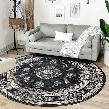 MUJOO Black Round Rug 6ft,Circle Washable Area Rugs for Bedroom Living Room Bathroom,Boho Large Vintage Bohemian Distressed Farmhouse Non Slip Circular Carpet,Floral