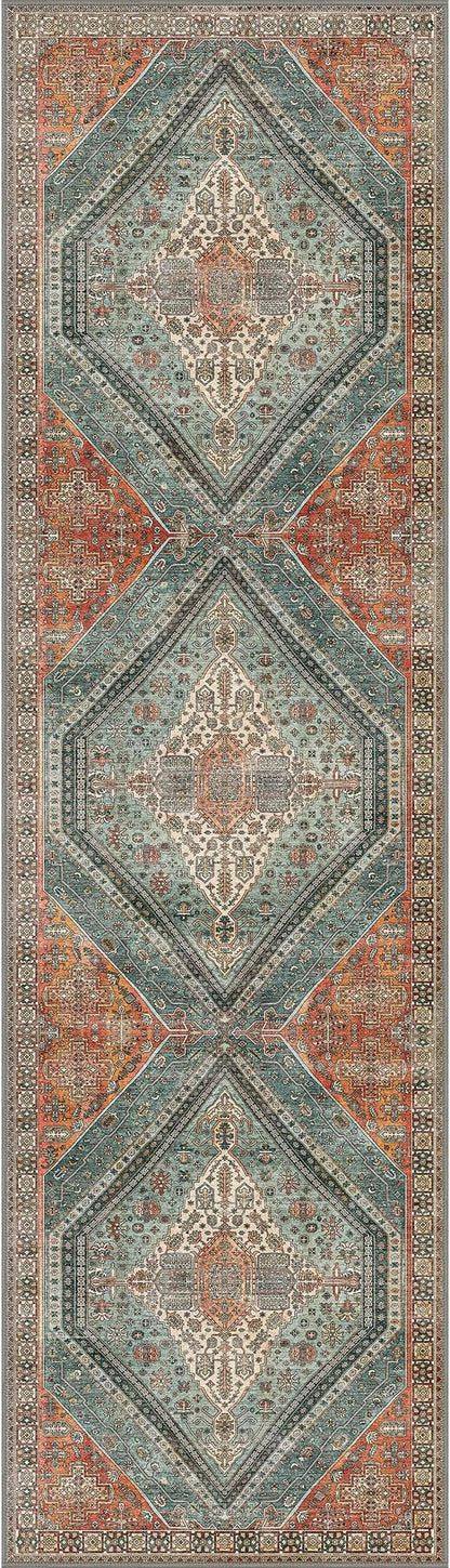 Bavni Runner Rug 2x10 Kitchen Rugs for Hallways Entryway, Washable Vintage Print Carpet, Ultra-Thin Chenille Low Pile Lightweight Rug with Non Slip Backing, Light Red/Blue