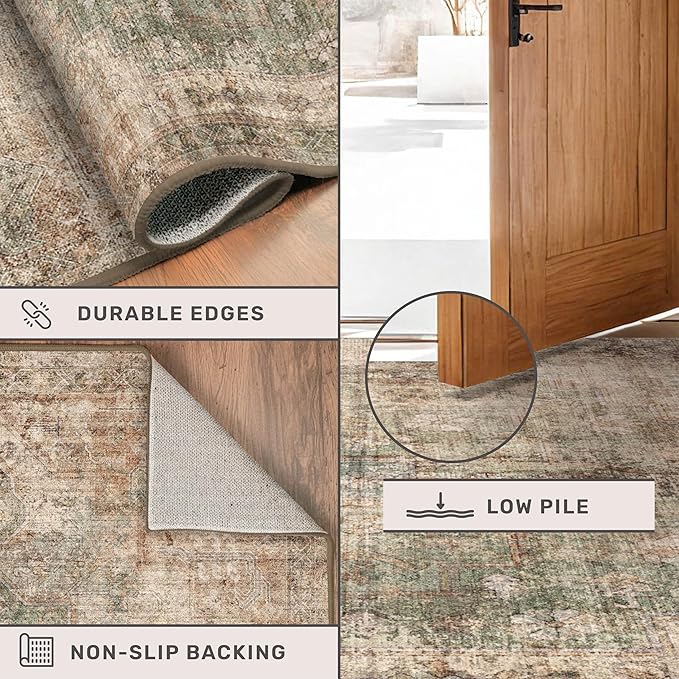 Brown and Green Rug for Entryway Indoor - Washable 5x7 Modern Abstract Area Rug for Foyer, Living Room, Home Office, Low Pile & Stain Resistence