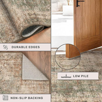 Farmhouse Floor Rugs for Living Room - Brown and Green Dining Room Area Rugs 8x10 for Bedroom, Washable, Soft, Lightweight & Stain Resistance, Neutral Dark Vintage Medallion Decor