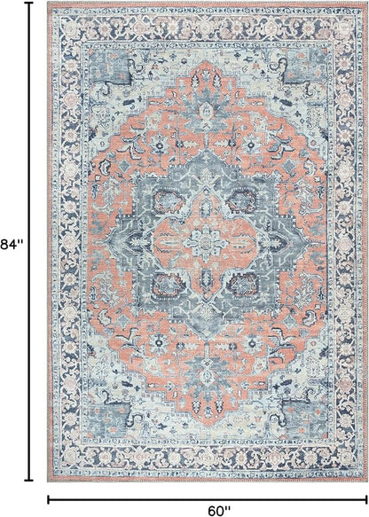 Bloom Rugs Washable Non-Slip 5' x 7' Rug - Coral/Blue Traditional Medallion Area Rug for Living Room, Bedroom, Dining Room, and Kitchen - Exact Size: 5' x 7'