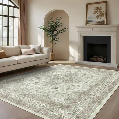 vivorug 8x10 Area Rugs for Living Room, Non-Slip Backing Washable Rug 8x10, Sage Green Large Area Rug Soft Carpet for Bedroom Dining Room, Vintage, Easy Clean, Durable, Low Pile Rug Under Table
