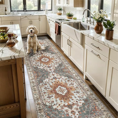 Tangsoo Oriental Hallway Runner Rugs 2.6x14 Washable Runner Rug for Hallways, Non Slip Vintage Soft Low Pile 14ft Long Rug Runner, Carpet Runners for Kitchen Bedroom Entryway Living Room Turmeric