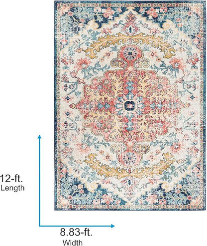 Livabliss Area Rugs - 9x12 Odelia Vintage Boho Aqua Burgandy Blue Area Rug for Living Room Bedroom - Floral Medallion Stain Resistant Carpet for Kitchen, Nursery, Office (8'10" x 12')