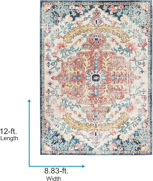 Livabliss Area Rugs - 9x12 Odelia Vintage Boho Aqua Burgandy Blue Area Rug for Living Room Bedroom - Floral Medallion Stain Resistant Carpet for Kitchen, Nursery, Office (8'10" x 12')