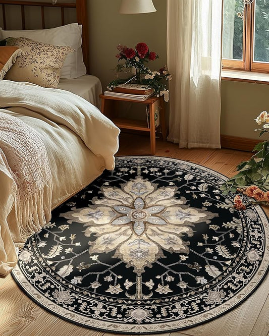 Area Rugs 4ft Washable Non-Slip, Floral Vintage Distress Print Pattern Medallion Carpet for Living Room Bedroom Dining Room, Black Brown Neutral Dark Tan
