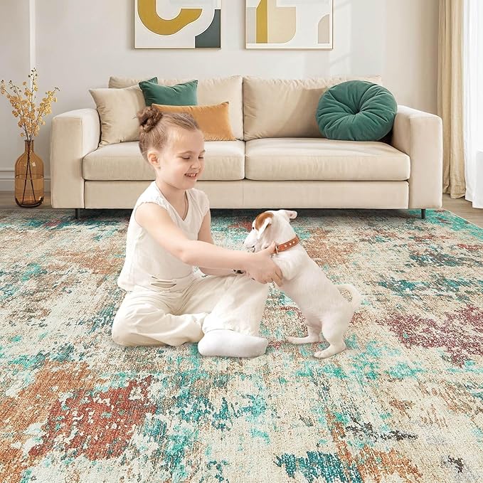 6x9 Christmas Area Rug Living Room Rugs - Washable Neutral Modern Abstract Soft Thin Large Rug Indoor Floor No Slip Rug Carpet for Bedroom Under Dining Table Home Office Decor - Colorful