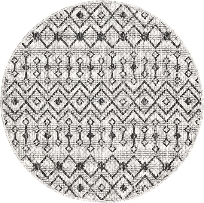 Unique Loom Outdoor Trellis Collection Area Rug - Tribal Trellis (3' 3" Round, Gray/ Black)