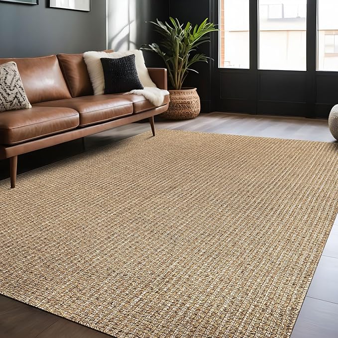 Easy Jute Rugs 8x10 Natural Color Living Room Indoor Outdoor Area Rug for Patio Farmhouse and Kitchen Rug High Traffic Easy to Clean Washable Solid Boho Woven Design Outside Carpet (8 x 10)