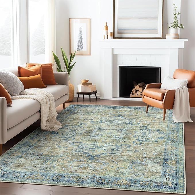 GENIMO Machine Washable 8x10 Area Rugs for Living Room, Non Slip Vintage Rugs, Low Pile Lightweight Chenille Print Rug for Bedroom, Dining Room, Home Office, Fade Blue