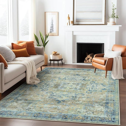 GENIMO Machine Washable 8x10 Area Rugs for Living Room, Non Slip Vintage Rugs, Low Pile Lightweight Chenille Print Rug for Bedroom, Dining Room, Home Office, Fade Blue