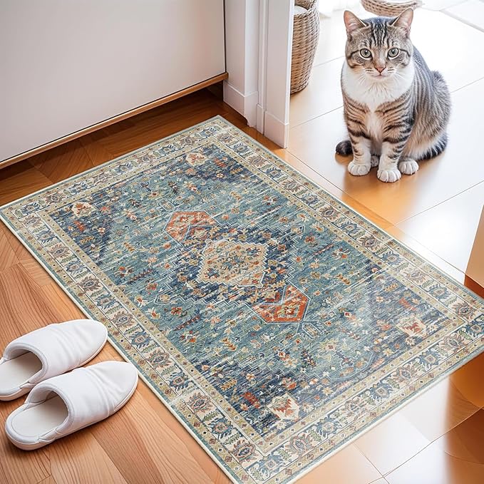 Enkor Area Soft Rugs 2x3 Washable Non Slip Boho Small Floor Entryway Rugs for Living Room Bedroom, Vintage Style Farmhouse Mat for Kitchen Green & Blue