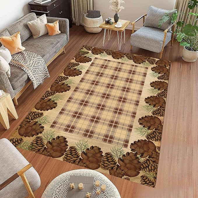 Cabin Pine Cones Area Rug 4x5ft for Living Room, Brown Buffalo Plaid Indoor Anti-Slip Large Area Rug Rustic Style Rugs for Bedroom, Lodge Living Rugs With Pine Cones, Throw Area Rug for Farmhouse