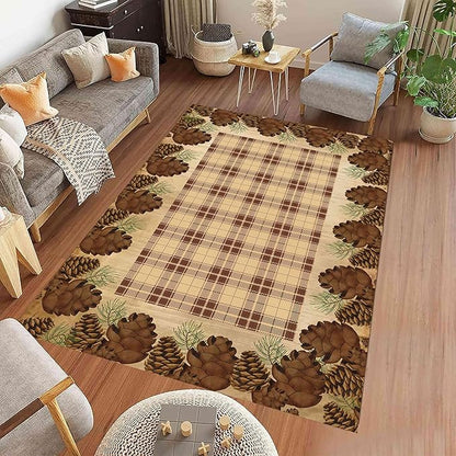 UNREASTO Rustic Pine Cones Area Rug 3x5ft, Brown Buffalo Plaid, Indoor Anti-Slip, Large Area Rug for Living Room, Bedroom, Lodge, Farmhouse