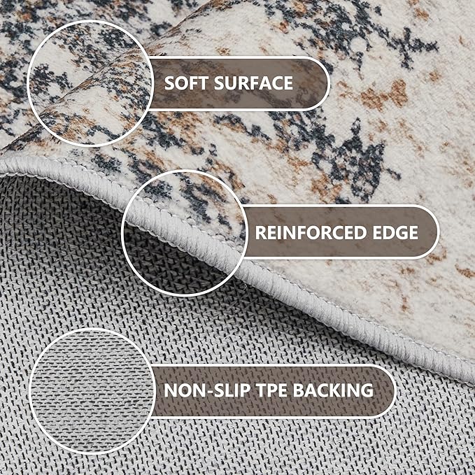 7x9 Washable Area Rugs - Modern Abstract Rugs for Living Room Non-Slip Low Pile Soft Machine Washable Carpet for Bedroom, Dining Room, Nursery, Home Office, Farmhouse (7'x9' Tan Blue)