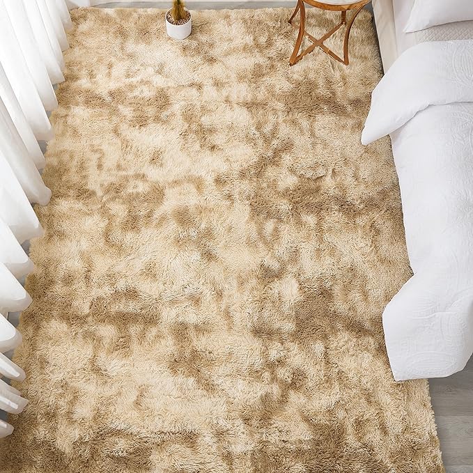 Andency Soft Area Rugs for Living Room Bedroom, 5x8 Fluffy Shaggy Bedside Rug, Non-Slip Large Shag Fuzzy Plush Carpets for Bedroom Kids Dorm Nursery Home Decor Aesthetic, Tie-Dyed Khaki