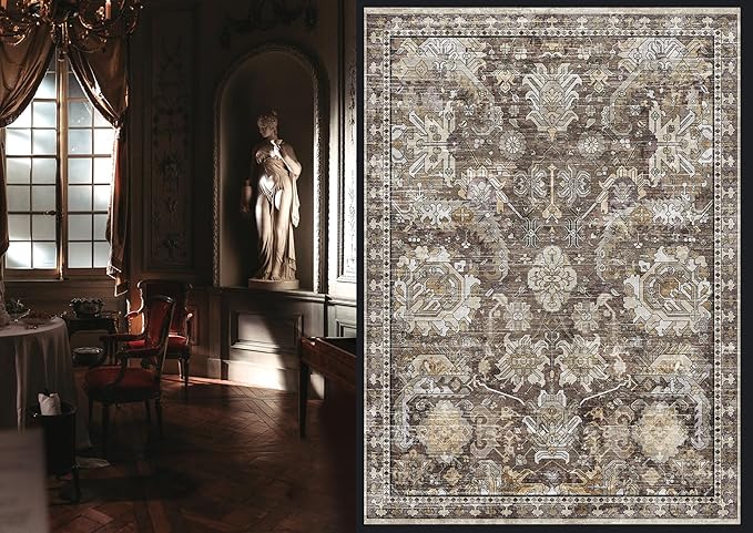 RUGSURE Washable Area Rugs - Perfect for Living Room, Bedroom, Kids Room, Nursery - Stain & Water Resistant Non-Slip, Pet & Child Friendly, Vintage Tribal Area Rugs (Ivory, 9' x 12')