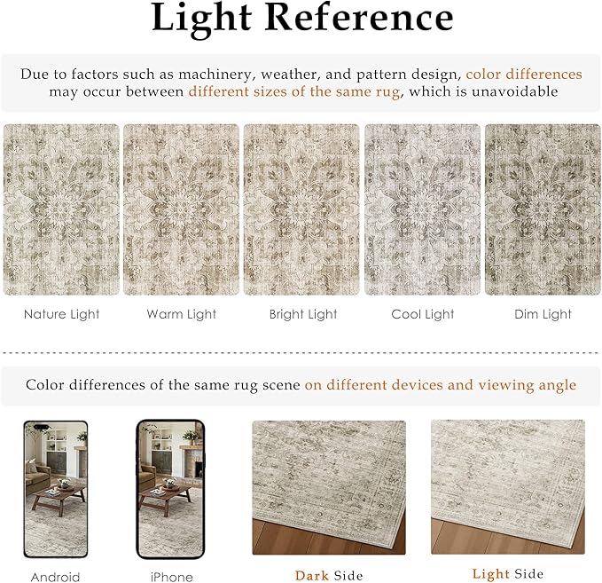HUGEAR Washable 9x12 Area Rugs Retro Beige Living Room Bedroom Rug Vintage Distressed Non Slip Stain Resistant Low Pile Neutral Throw Carpet for Home Decor