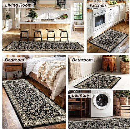 XWZO Runner Rug 2x6ft, Washable Hallway Runner with Non-Slip Backing, Spill Stain Resistant Floor Mat for Entryway Corridor Bedroom Kitchen Farmhouse, Soft Low-Pile Area Carpet, Black