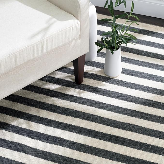 Home Conservatory Ladder Stripe Black/Ivory Handwoven Wool 2.5 X 8 Feet, Black/Ivory Stripe Pattern