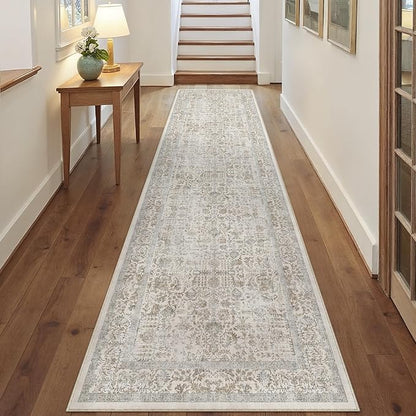 Taupe Runner Rug 3x10 Hallway Machine Washable Kitchen Vintage Distressed Non Slip Long Carpet Indoor Retro Floral Bedroom Accent Throw Rug for Bathroom Office Laundry Dining Living Room