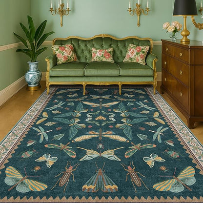 Insect Blue Green Living Room Rug 5x8 - Washable Area Rug for Bedroom, Dining Room, Kids Playroom, Home Office, Boho Butterfly Non Slip Stan Resistant