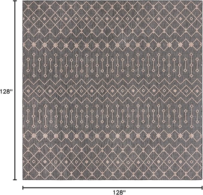 Unique Loom Outdoor Trellis Collection Area Rug - Tribal Trellis (10' 8" Square, Charcoal Gray/ Natural)
