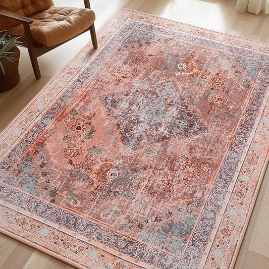 Phantoscope Washable Area Rug 6'x9' Non-Slip, Vintage Neutral Fall Rugs for Living Room, Bedroom, Dining Room, Distressed Boho Medallion Pattern, Low-Pile Foldable Floor Carpet, Rust Orange