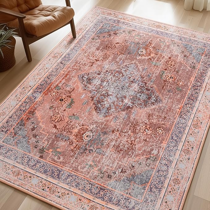 Phantoscope Washable Area Rug 9'x12' Non-Slip, Vintage Neutral Fall Rugs for Living Room, Bedroom, Dining Room, Distressed Boho Medallion Pattern, Low-Pile Foldable Floor Carpet, Rust Orange