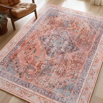 Phantoscope Washable Area Rug 9'x12' Non-Slip, Vintage Neutral Fall Rugs for Living Room, Bedroom, Dining Room, Distressed Boho Medallion Pattern, Low-Pile Foldable Floor Carpet, Rust Orange