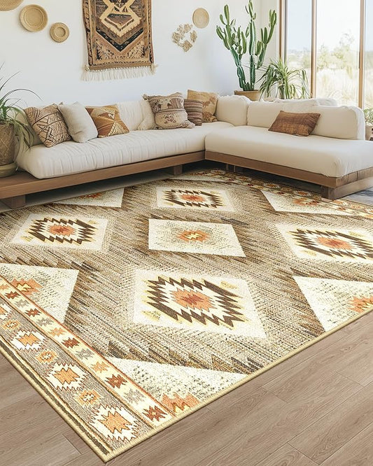 Area Rug 10x14 Rug Machine Washable Non-Slip Low Pile Print Pattern Western Rug for Living Room Bedroom Entryway Tribal Series -Cream/Camel