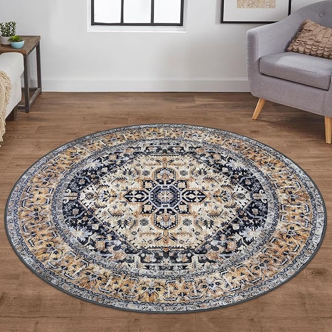 KOZYFLY Boho Round Rug 5 Ft Rugs for Entryway Washable Circle Rug Non Slip Doormat Gold Navy Printed Faux Wool Vintage Round Entryway Rug Floor Carpet Round for Entrance, Bedroom