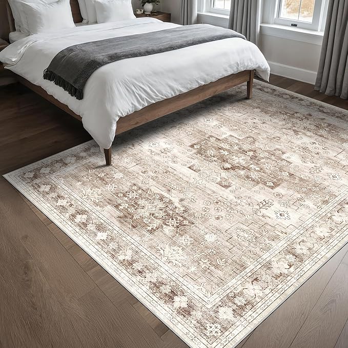 Washable Neutral Farmhouse Bedroom Rug, 5x7 Area Rugs for Living Room, Nursery Room, Boho Vintage Floral Non-Slip Rug Low Pile Stain Resistant (5x7 Beige/Latte)
