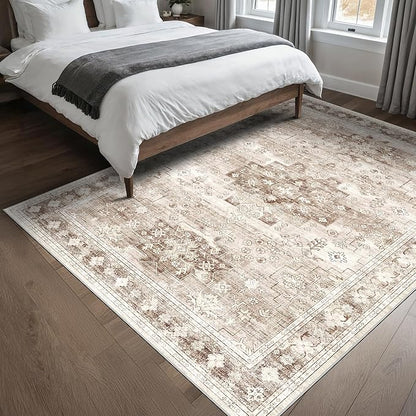 Washable Neutral Farmhouse Living Room Rug, 5x8 Area Rugs for Bedroom Under Bed, Nursery Room, Boho Vintage Floral Non-Slip Rug Low Pile Stain Resistant (5x8 Beige/Latte)