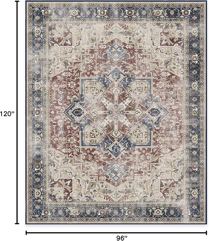 RUGGABLE Washable Vintage Area Rug – Kamran Royal Blue 8x10, Stain-Resistant, Non-Slip – Large Machine Washable Rugs for Living Room, Bedroom, Hallway, Entryway & Office–with Cushioned Pad