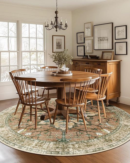 Area Rugs 7ft Washable Non-Slip, Floral Vintage Distress Print Pattern Medallion Carpet for Living Room Bedroom Dining Room, Brick Red Rust Neutral Brown Burnt Orange