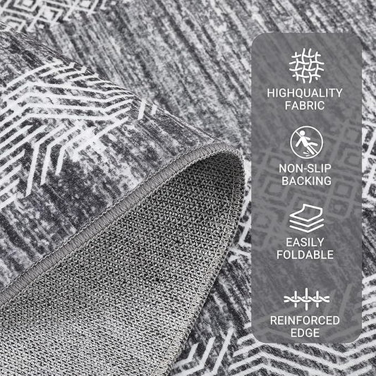 GarveeHome Modern Geometric Area Rug 2x3 Distressed Bordered Washable Non Slip Floor Small Carpet Non Shedding Thin Soft Low Pile Rug, Contemporary Gray Rug for Dining Room, Living Room