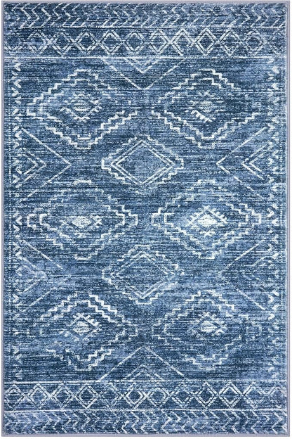 KILOCOCO Living Room Rug 5x7 Area Rug Printed Boho Washable Bedroom Rugs Non Slip Soft Large Moroccan Indoor Rugs for Dining Room Office Farmhouse Geometric Carpet, Stonewashed Blue