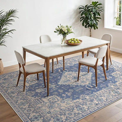 Bavni Vintage 8x10 Area Rugs, Boho Oriental Living Room Rug, Machine Washable Rug Non Slip, Distressed Print Indoor Large Blue Rugs, Low Pile Ultra-Thin Soft Carpet for Bedroom, Dining Room, Farmhouse