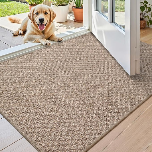 Color&Geometry Thin Front Door Mat Indoor Entrance Non Slip Rubber Backed, 17.5"x30" Indoor Door Mats for Entryway, Dirt Trapper Doormat Washable Front Door Rugs, Khaki (Rolled-up NO Creases)