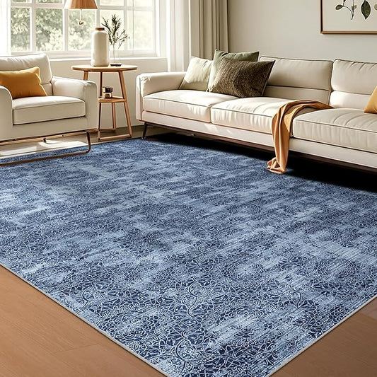 WITSHOCK 5x7 Area Rugs for Living Room: Machine Washable Non Slip Modern Abstract Carpet - Low Pile Print Rug for Bedroom Dining Room - Stain Resistant for Household - Pet Owners (Blue White)