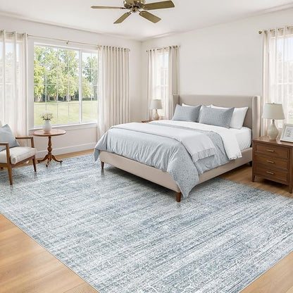 5x7 Area Rugs Living Room: Washable Large Vintage Blue Rug Neutral Non-Slip Soft Stain Resistant Indoor Carpet for Bedroom Nursery Dining Room Under Table Bed Home House Office Playroom