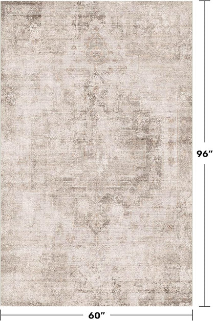 Beige & Brown 5x8 Area Rugs for Bedroom - Abstract Distressed Farmhouse Rug for Living Room, Home Office, Foyer, Kitchen Table, Foldable Soft Washable Low Pile Non Slip Stain Resistant