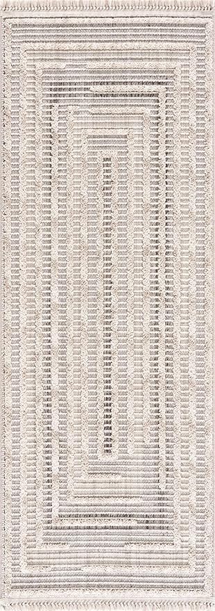 Hauteloom Lunao Farmhouse Living Room Bedroom Moroccan Square Pattern Abstract Runner Rug - Soft Shaggy High Low Carpet - High Pile - Bohemian, Boho - Gray, Brown, Beige, Cream - 2'7" x 7'3"